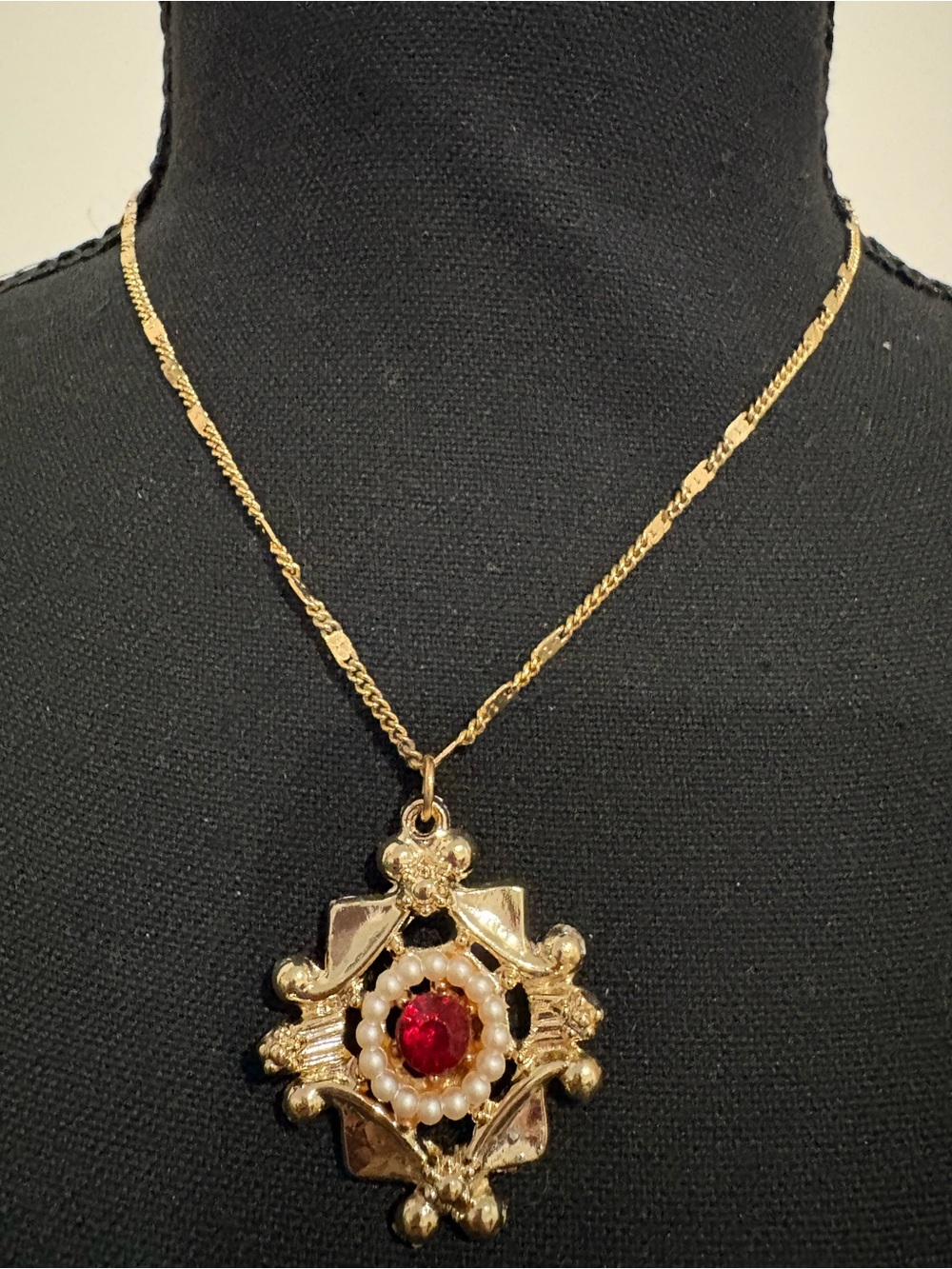 Gold-Tone, Pearl Accent; and Red Center Stone Necklace